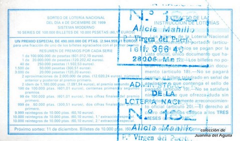 Reverso del décimo de Lotería Nacional de 1999 Sorteo 97