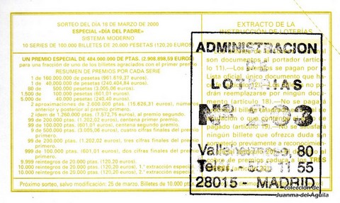 Reverso del décimo de Lotería Nacional de 2000 Sorteo 21