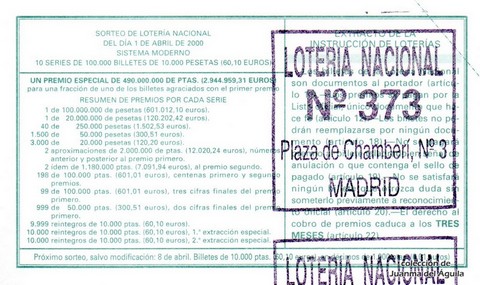 Reverso del décimo de Lotería Nacional de 2000 Sorteo 25