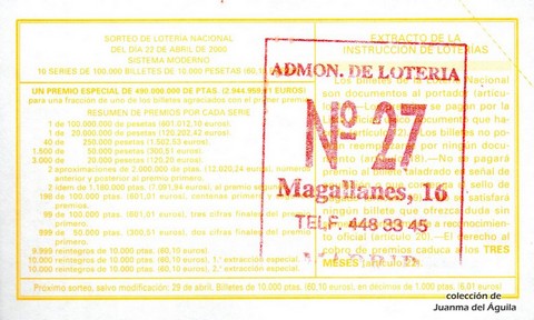 Reverso del décimo de Lotería Nacional de 2000 Sorteo 31
