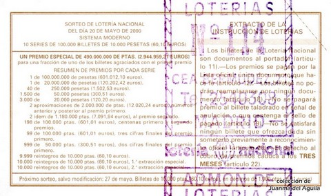 Reverso del décimo de Lotería Nacional de 2000 Sorteo 39