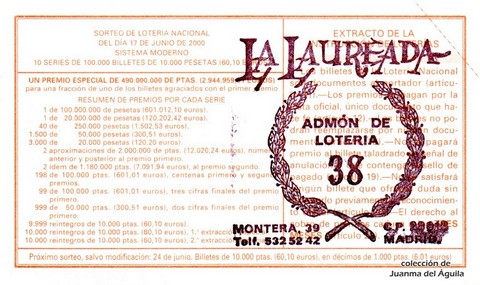 Reverso del décimo de Lotería Nacional de 2000 Sorteo 47