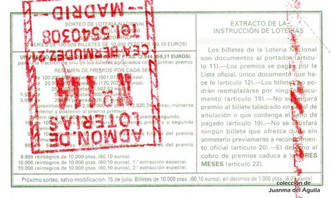 Reverso del décimo de Lotería Nacional de 2000 Sorteo 53