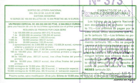 Reverso del décimo de Lotería Nacional de 2000 Sorteo 57