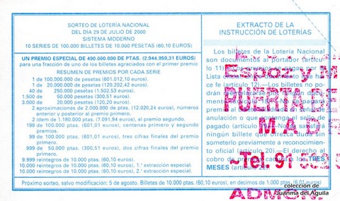Reverso del décimo de Lotería Nacional de 2000 Sorteo 59