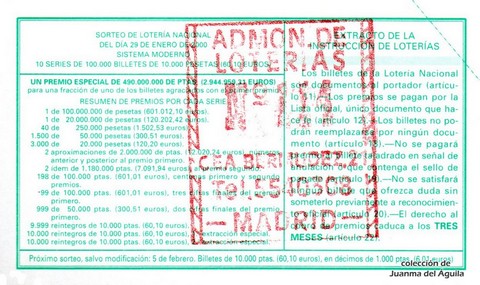 Reverso del décimo de Lotería Nacional de 2000 Sorteo 7