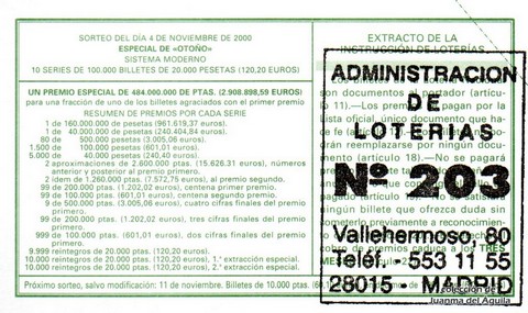 Reverso del décimo de Lotería Nacional de 2000 Sorteo 87