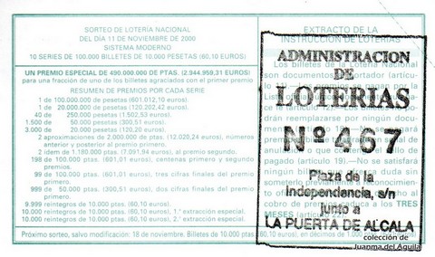 Reverso del décimo de Lotería Nacional de 2000 Sorteo 89