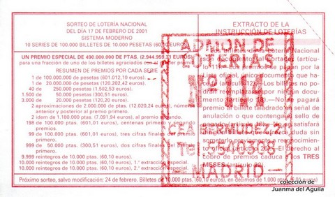Reverso del décimo de Lotería Nacional de 2001 Sorteo 14