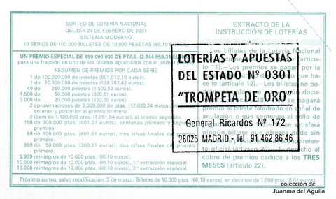 Reverso décimo de Lotería 2001 / 16