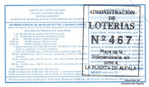 Reverso del décimo de Lotería Nacional de 2001 Sorteo 18