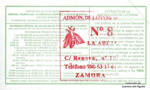 Reverso del décimo de Lotería Nacional de 2001 Sorteo 26