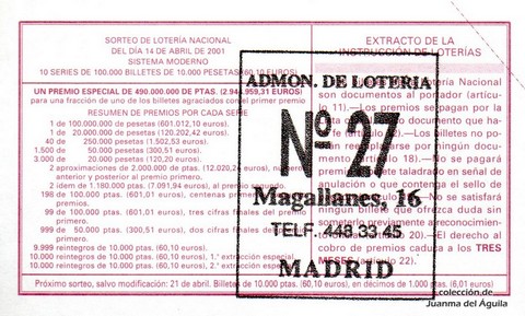Reverso del décimo de Lotería Nacional de 2001 Sorteo 30