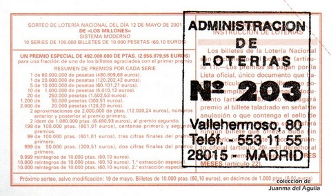 Reverso décimo de Lotería 2001 / 38