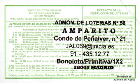 Reverso del décimo de Lotería Nacional de 2001 Sorteo 40