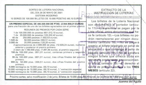 Reverso del décimo de Lotería Nacional de 2001 Sorteo 42