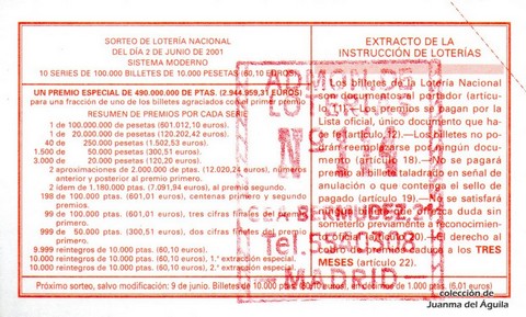 Reverso del décimo de Lotería Nacional de 2001 Sorteo 44