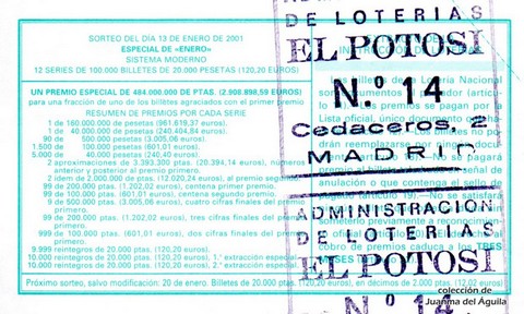 Reverso del décimo de Lotería Nacional de 2001 Sorteo 4