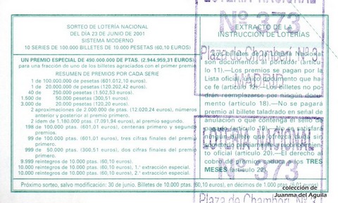 Reverso del décimo de Lotería Nacional de 2001 Sorteo 50
