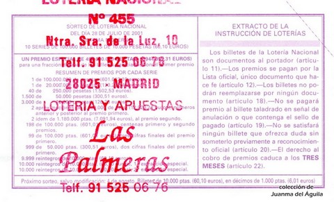 Reverso del décimo de Lotería Nacional de 2001 Sorteo 60