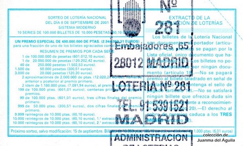 Reverso del décimo de Lotería Nacional de 2001 Sorteo 72