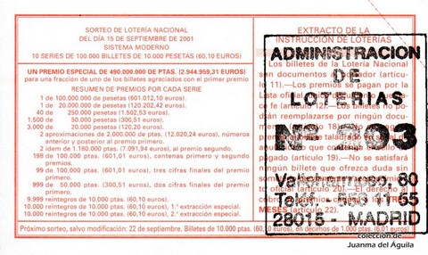 Reverso del décimo de Lotería Nacional de 2001 Sorteo 74
