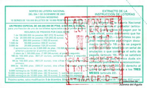 Reverso del décimo de Lotería Nacional de 2001 Sorteo 96