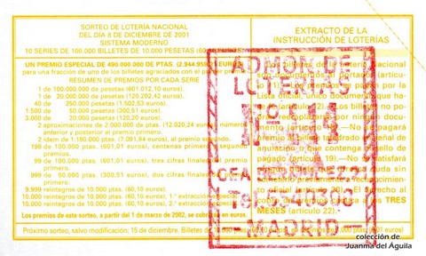 Reverso del décimo de Lotería Nacional de 2001 Sorteo 98