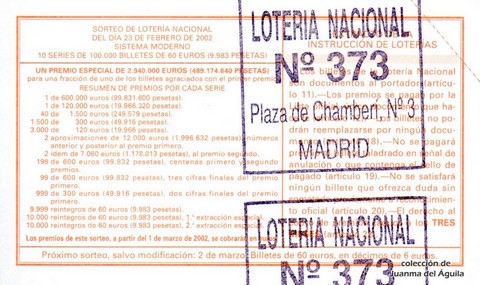 Reverso del décimo de Lotería Nacional de 2002 Sorteo 15