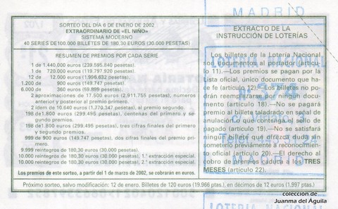 Reverso del décimo de Lotería Nacional de 2002 Sorteo 1