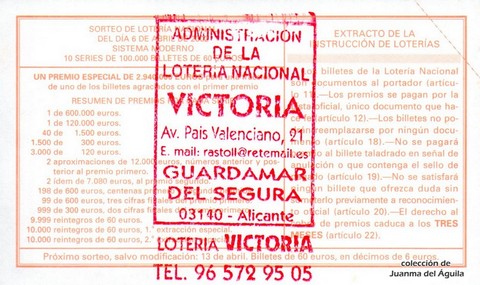 Reverso décimo de Lotería 2002 / 27