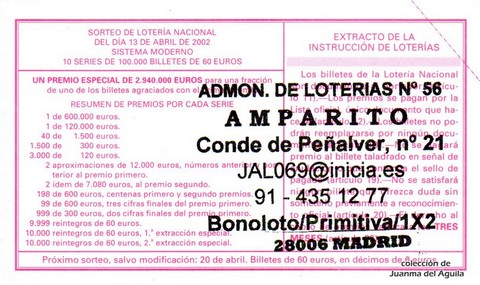 Reverso del décimo de Lotería Nacional de 2002 Sorteo 29