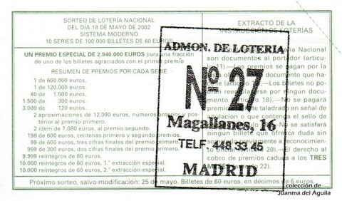 Reverso del décimo de Lotería Nacional de 2002 Sorteo 39