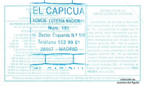 Reverso del décimo de Lotería Nacional de 2002 Sorteo 43
