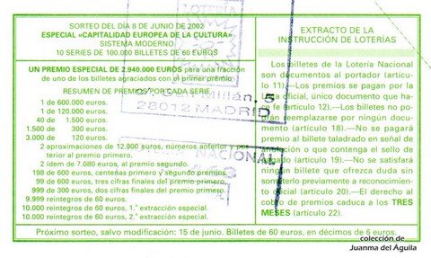 Reverso del décimo de Lotería Nacional de 2002 Sorteo 45