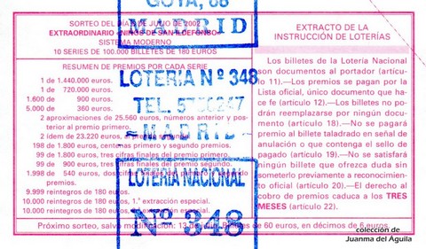 Reverso del décimo de Lotería Nacional de 2002 Sorteo 53