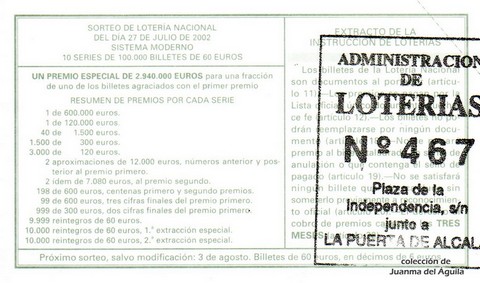 Reverso décimo de Lotería 2002 / 59