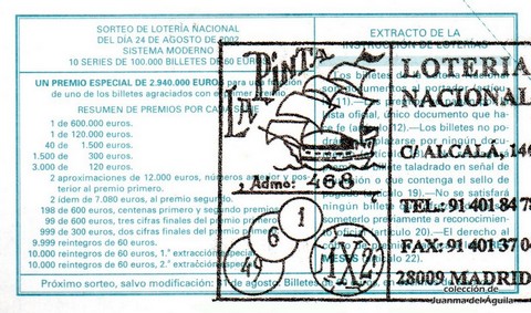 Reverso del décimo de Lotería Nacional de 2002 Sorteo 67