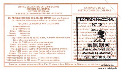 Reverso del décimo de Lotería Nacional de 2002 Sorteo 79