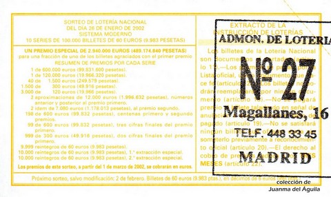 Reverso del décimo de Lotería Nacional de 2002 Sorteo 7