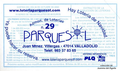 Reverso décimo de Lotería 2002 / 85