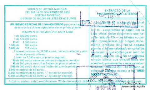 Reverso décimo de Lotería 2002 / 91