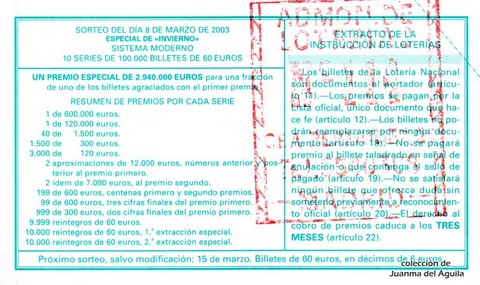 Reverso décimo de Lotería 2003 / 20