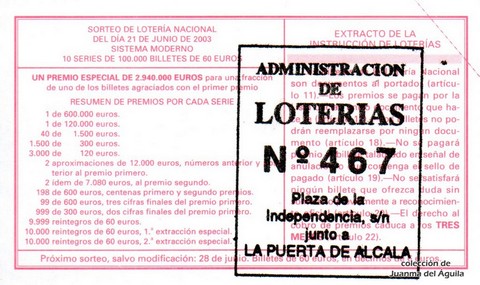 Reverso décimo de Lotería 2003 / 50