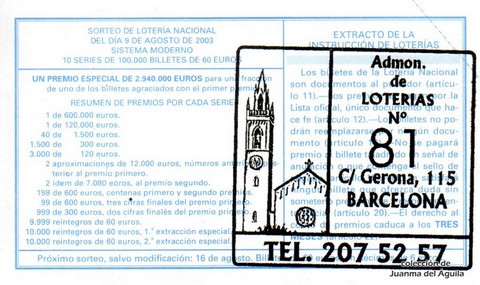 Reverso décimo de Lotería 2003 / 64