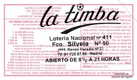 Reverso del décimo de Lotería Nacional de 2004 Sorteo 32