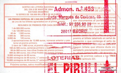 Reverso décimo de Lotería 2004 / 38