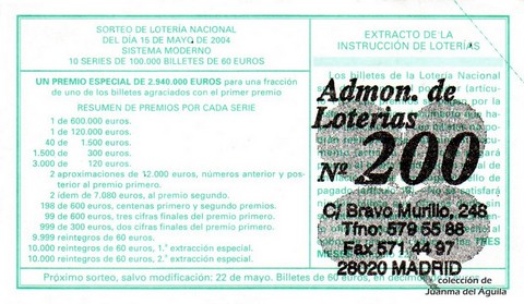 Reverso décimo de Lotería 2004 / 40