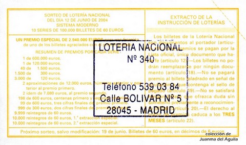 Reverso décimo de Lotería 2004 / 48