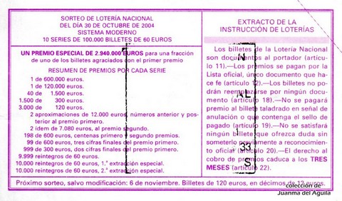 Reverso del décimo de Lotería Nacional de 2004 Sorteo 88
